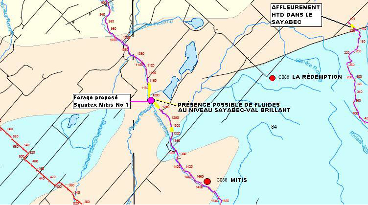 Localisation proposée pour le forage Squatex Mitis No.1 en février 2005